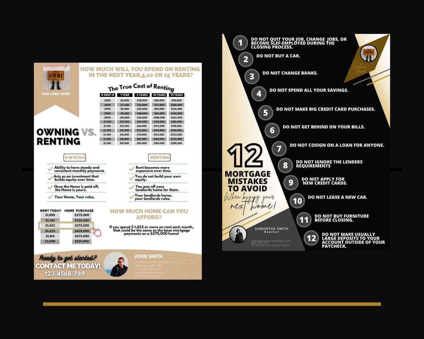 Real Estate Gold Rent vs Own & 12 Mortgage Mistakes Flyer Bundle