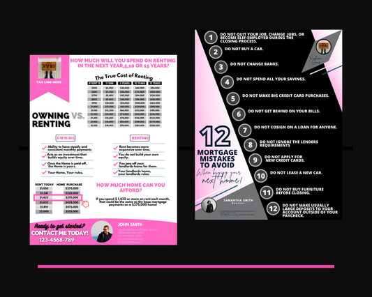Real Estate Pink Rent vs Own & 12 Mortgage Mistakes Flyer Bundle