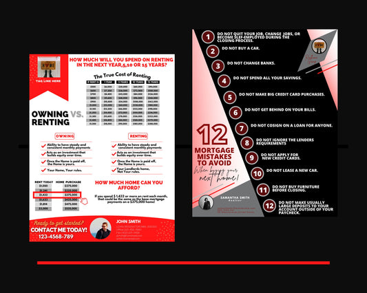 Real Estate Red Rent vs Own & 12 Mortgage Mistakes Flyer Bundle